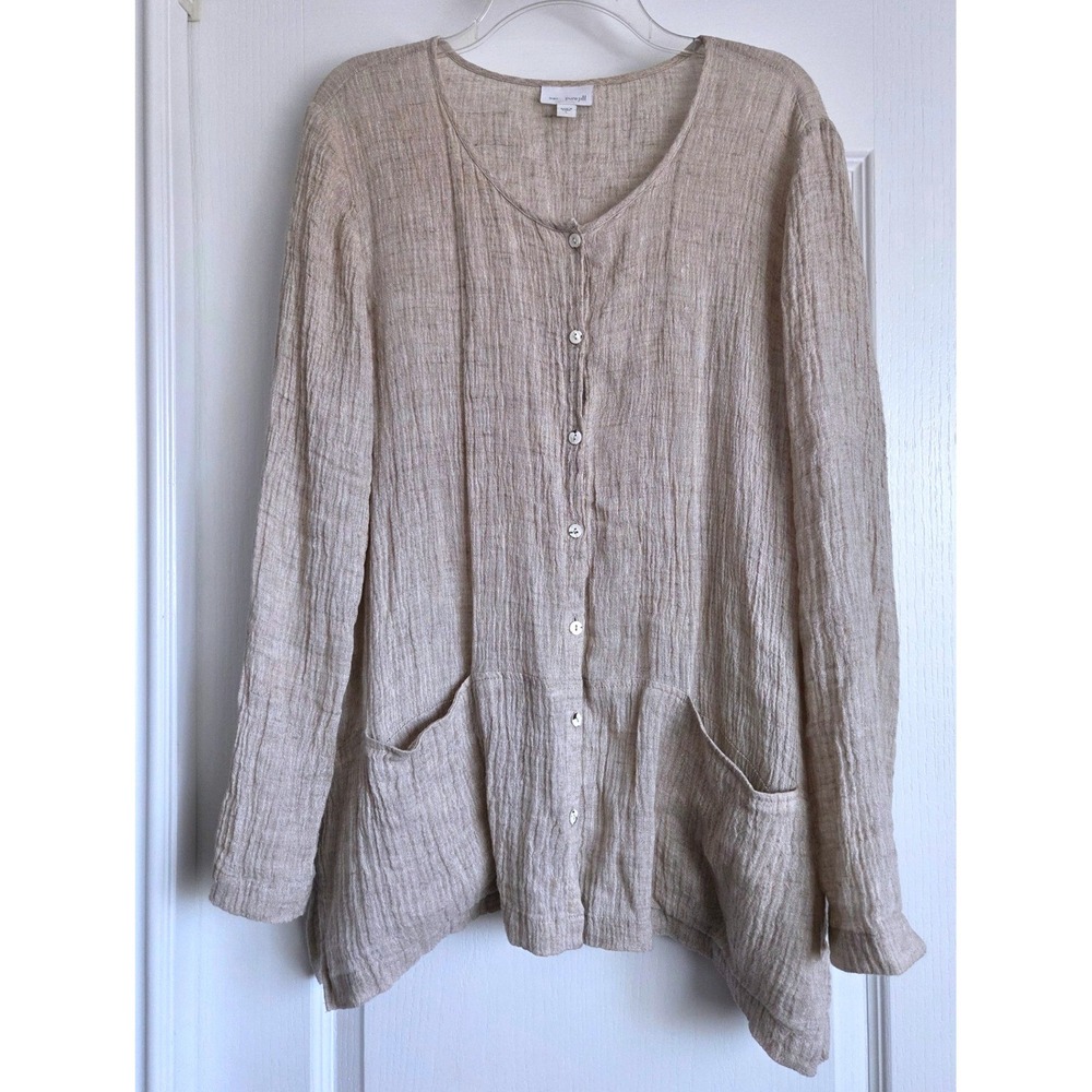 J. Jill Pure Jill Women Linen Lagenlook Button-Down Crinkle Shirt Cardigan Sz L - Picture 2 of 6
